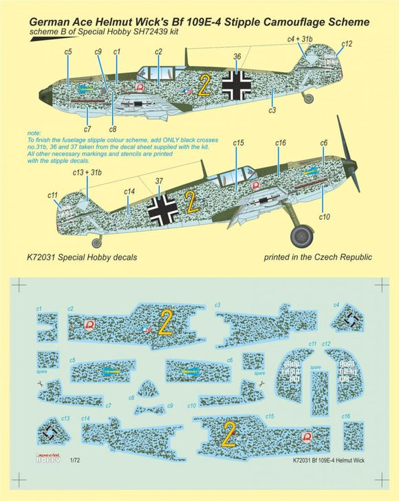 Bf 109E-4 German Ace H. Wick Decal Motley Camo